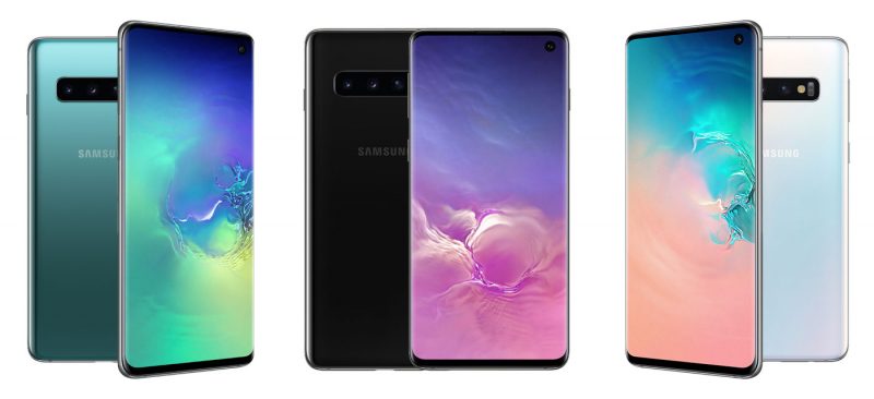 Samsung Galaxy S10 Smartphone in Prism Black, Prism Green and Prism White